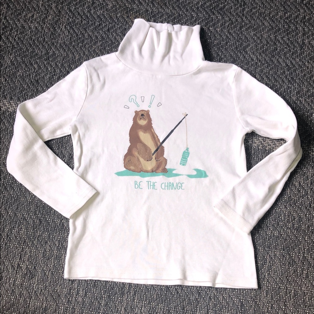 Kids White Long-Sleeve Turtleneck Tee with Bear Graphic